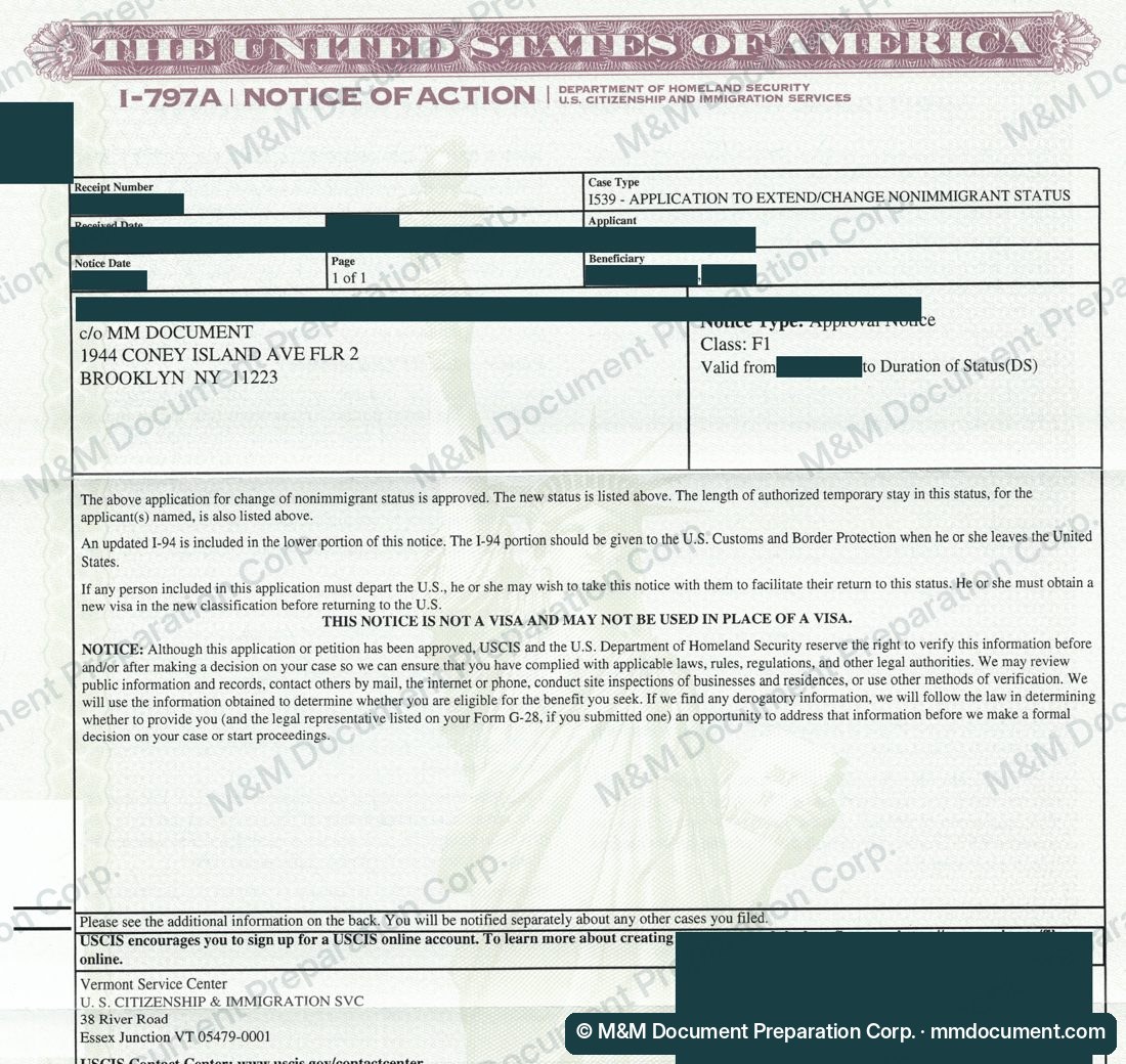 Уведомление USCIS I-797 об одобрении смены статуса на F-1, личные данные скрыты №11