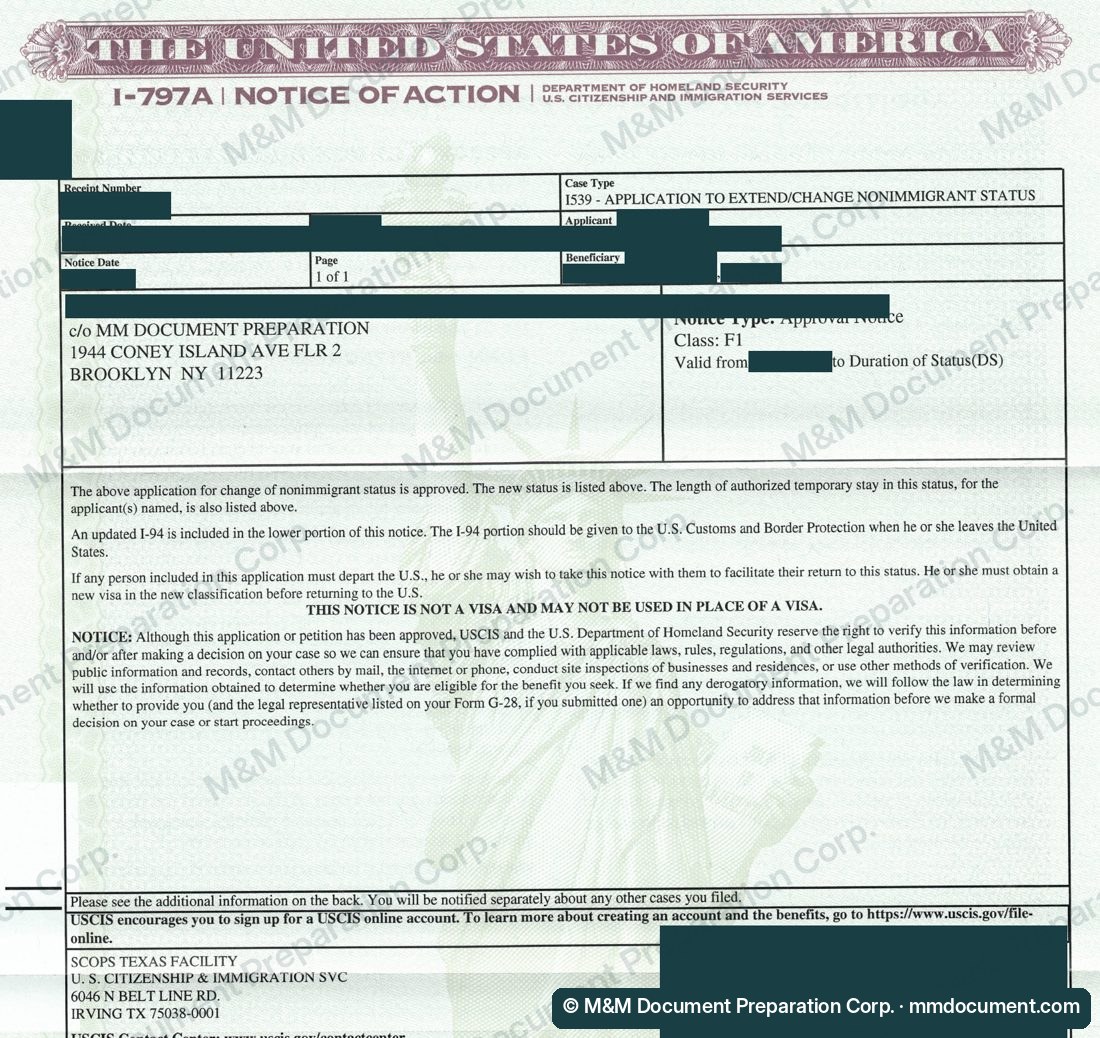 Уведомление USCIS I-797 об одобрении смены статуса на F-1, личные данные скрыты №9