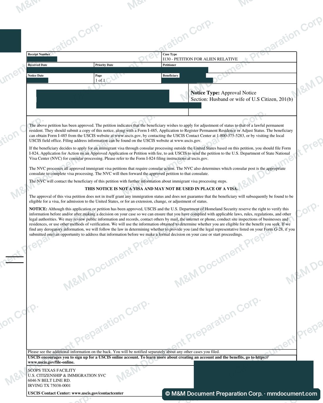 Уведомление USCIS об одобрении петиции I-130 для супруга гражданина США, личные данные скрыты №3