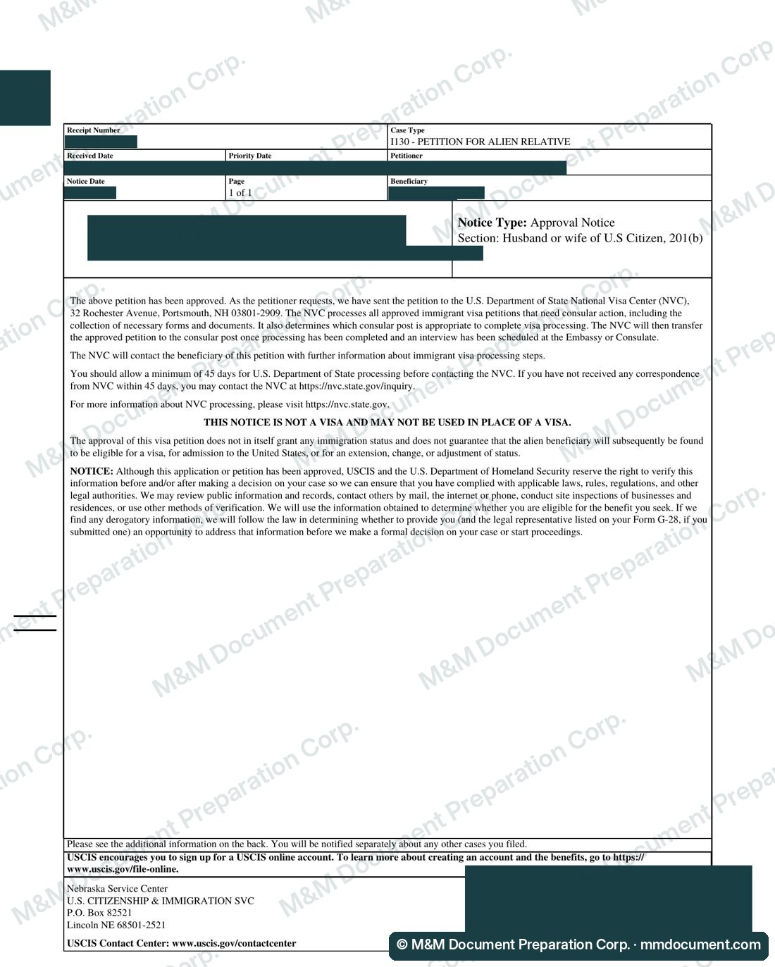 Уведомление USCIS об одобрении петиции I-130 для супруга гражданина США, личные данные скрыты №1