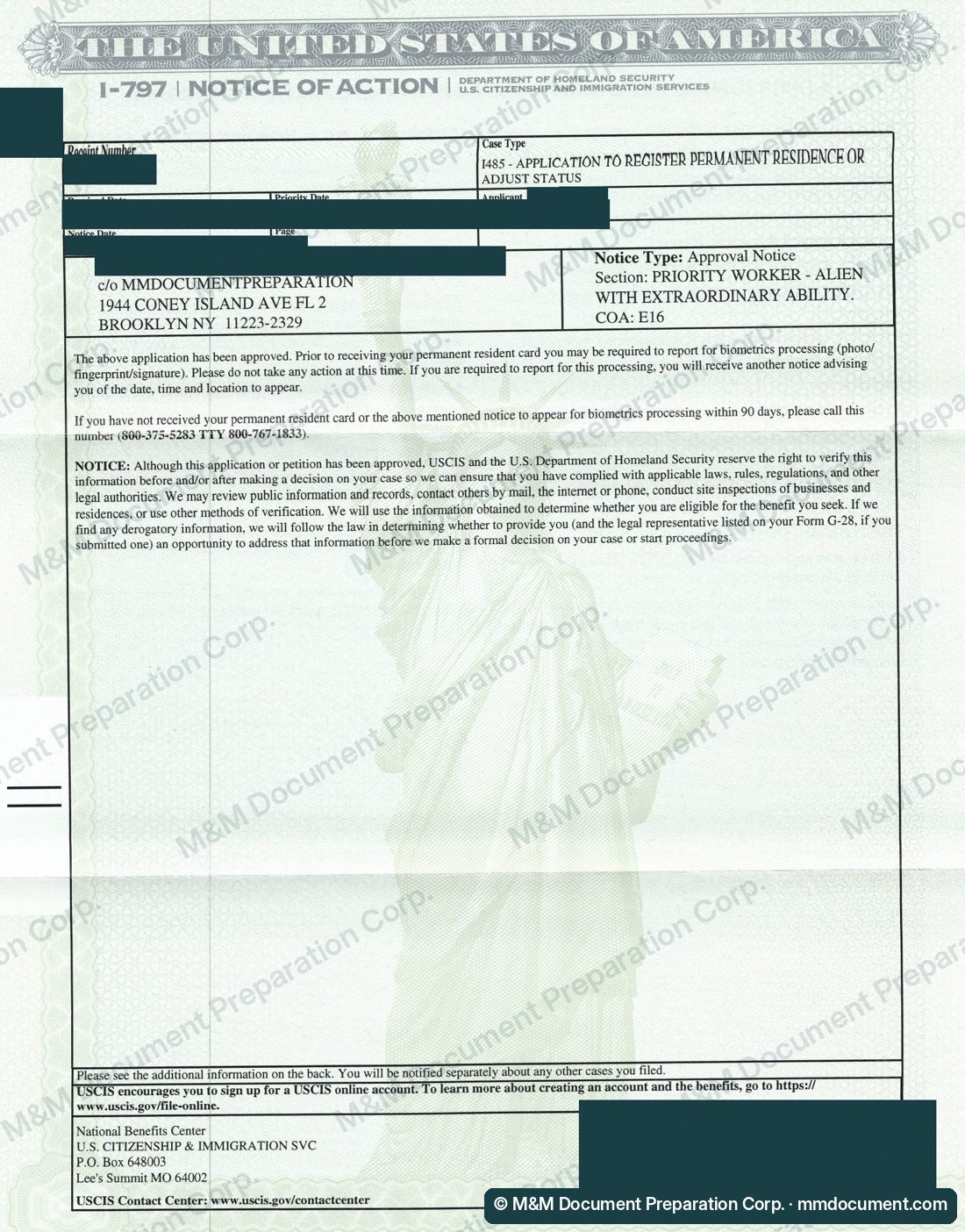 Уведомление USCIS I-797 об одобрении I-485 по категории EB-1A, личные данные скрыты