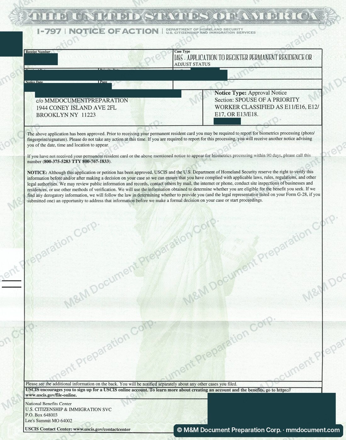 Уведомление USCIS I-797 об одобрении I-485 для супруги заявителя EB-1A, личные данные скрыты