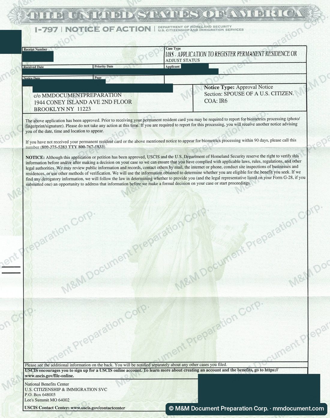Уведомление USCIS об одобрении I-485 — грин-карта через брак с гражданином США, личные данные скрыты №2