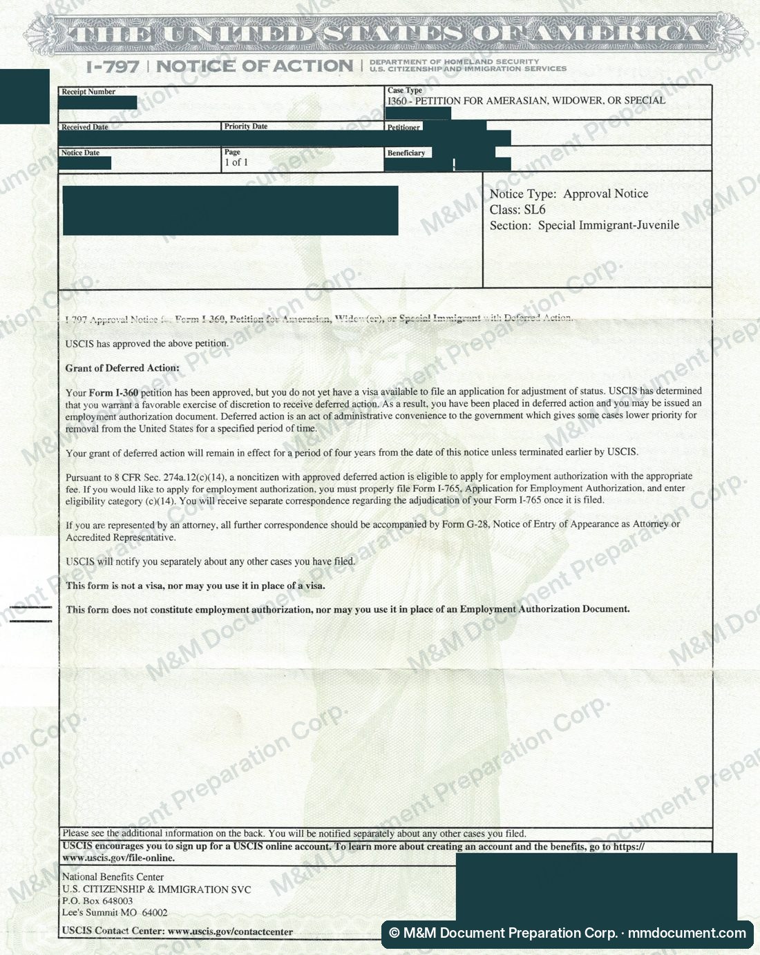 Уведомление USCIS об одобрении петиции I-360 на статус SIJ, личные данные скрыты №1