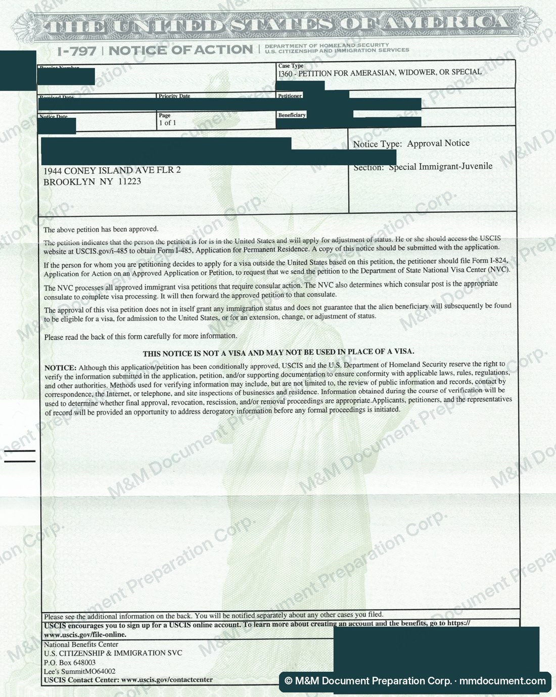 Уведомление USCIS об одобрении петиции I-360 на статус SIJ, личные данные скрыты №4