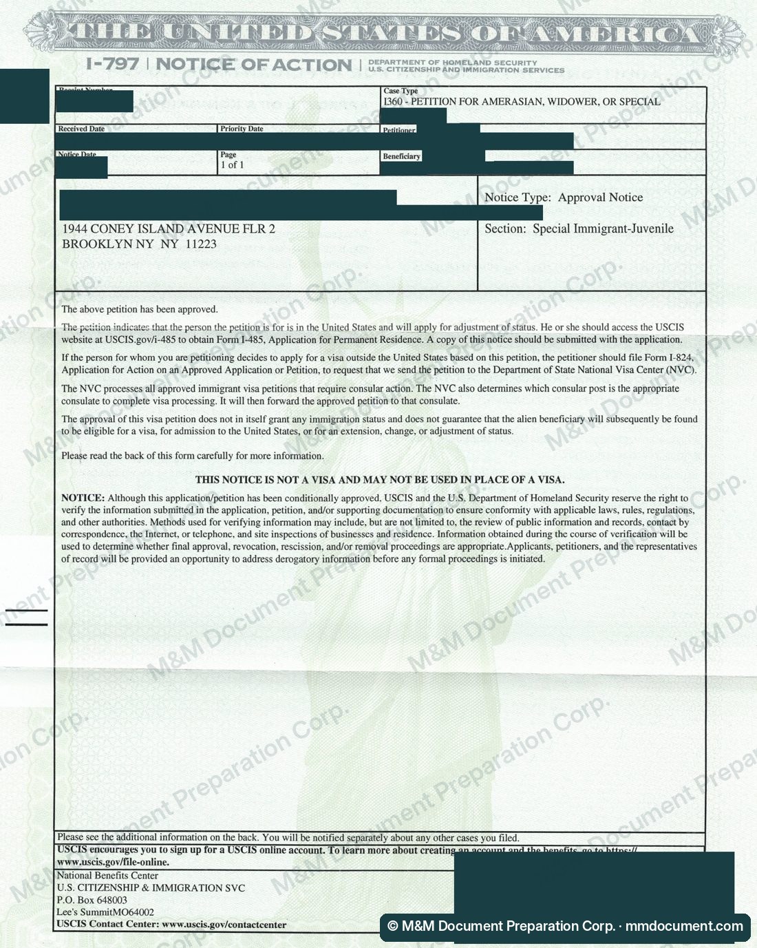Уведомление USCIS об одобрении петиции I-360 на статус SIJ, личные данные скрыты №3