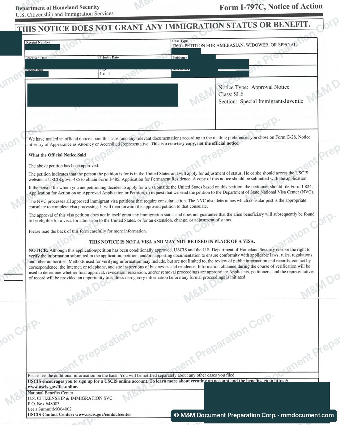Уведомление USCIS об одобрении петиции I-360 на статус SIJ, личные данные скрыты №2