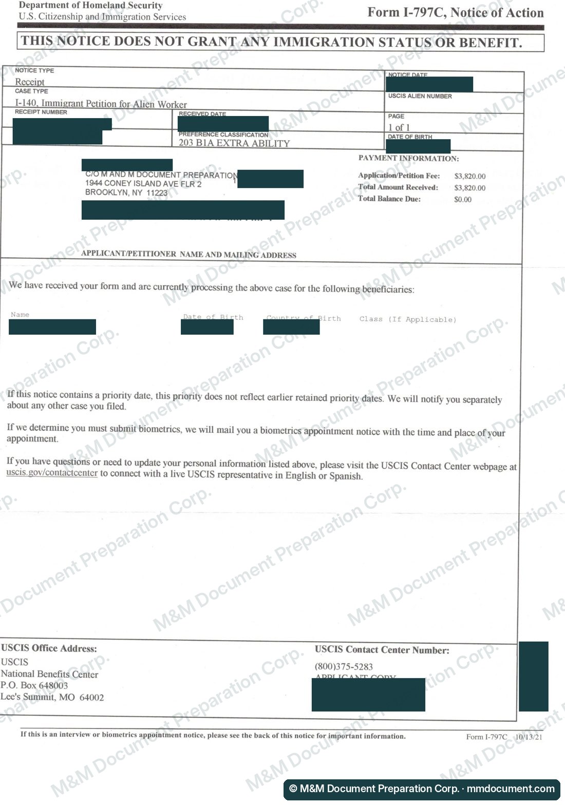 Уведомление USCIS I-797C о приёме петиции I-140 по категории EB-1A, личные данные скрыты
