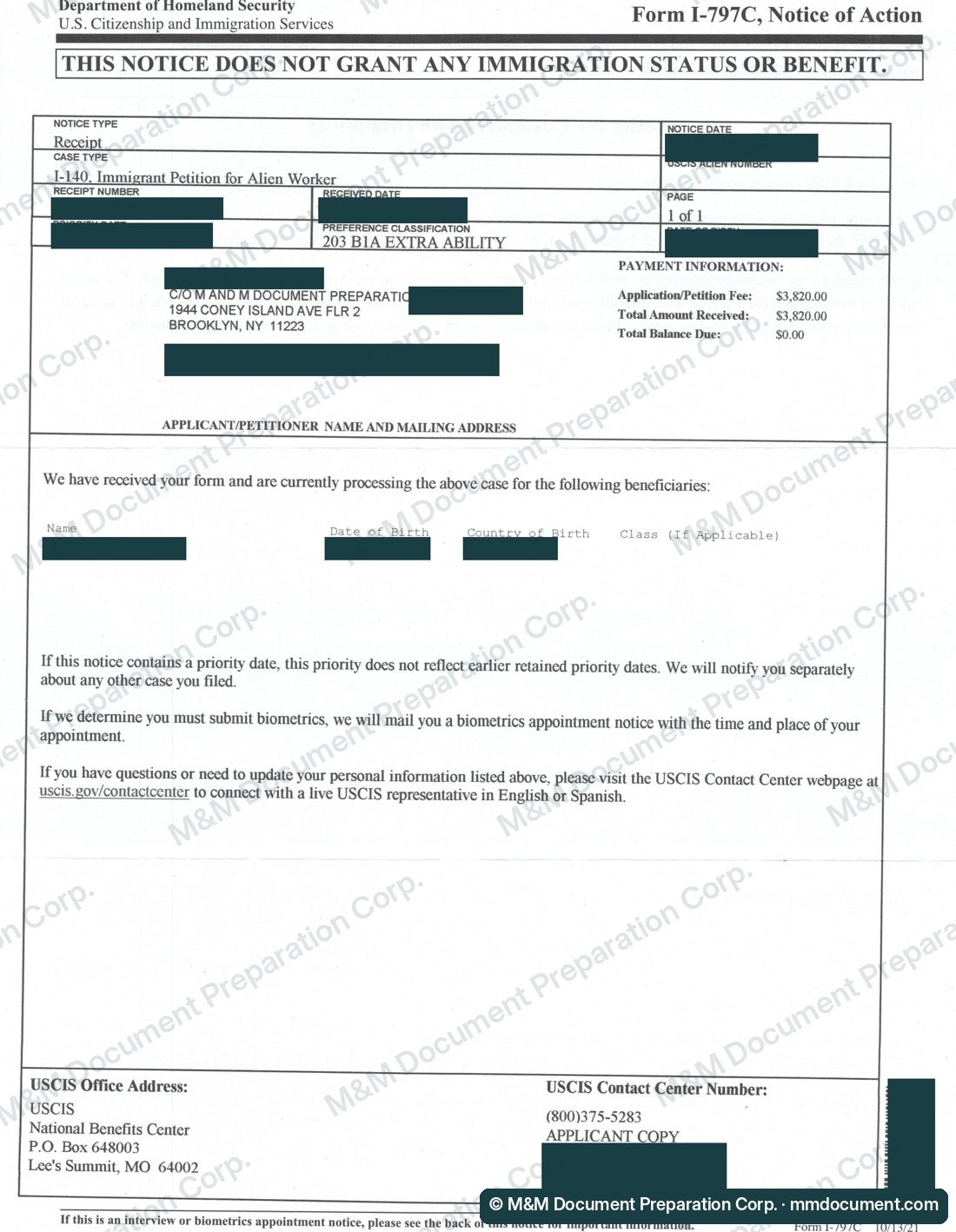 Уведомление USCIS I-797C о приёме петиции I-140 по категории EB-1A, личные данные скрыты