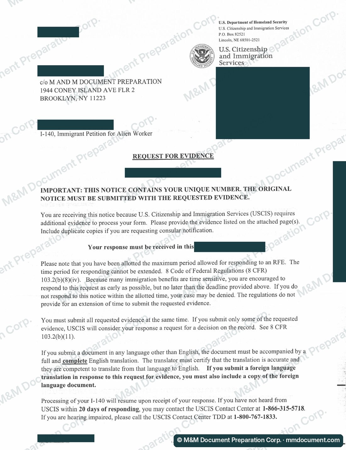 Первая страница запроса дополнительных доказательств (RFE) USCIS по петиции I-140 EB-1A, личные данные скрыты