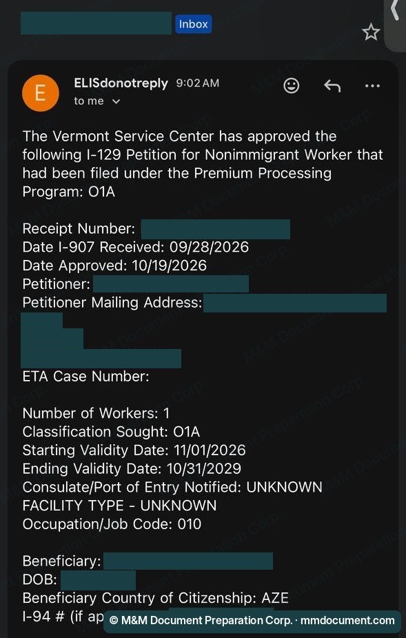 USCIS Premium Processing xati: O-1A tasdiqlandi, amal qilish muddatlari ko'rinadi, shaxsiy ma'lumotlar yashirilgan