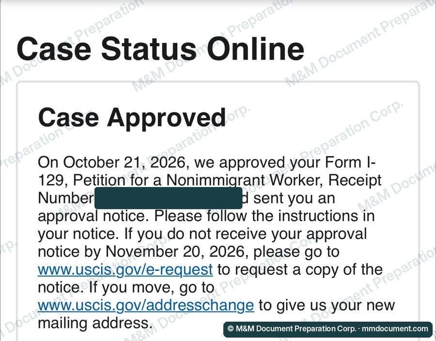 Статус дела на сайте USCIS: петиция I-129 одобрена 21 октября 2026, номер дела скрыт